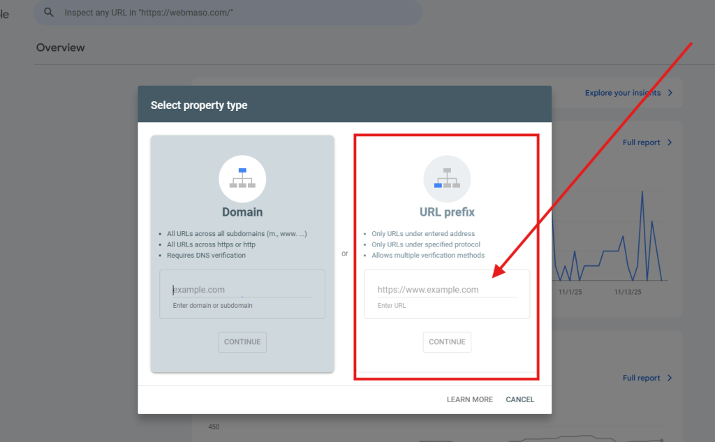 وارد کردن دامنه در آموزش اتصال به سرچ کنسول